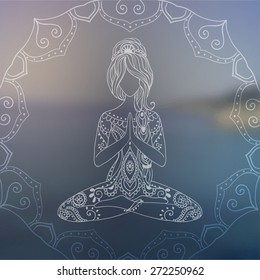 Ornament beautiful card with Vector yoga. Geometric element hand drawn. Perfect  cards for any other kind of design, birthday and other holiday, kaleidoscope,  medallion, yoga, india, arabic