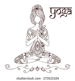 Ornament beautiful card with Vector yoga Geometric element hand drawn Types practices is Raja, Karma, Jnana, Bhakti, Hatha, kaleidoscope  medallion yoga india arabic For logos banners flyers