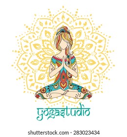 Ornament beautiful card with Vector yoga. Geometric element hand drawn. Perfect  cards for any other kind of design, birthday and other holiday, kaleidoscope,  medallion, yoga, india, arabic