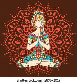 Ornament beautiful card with Vector yoga. Geometric element hand drawn. Perfect  cards for any other kind of design, birthday and other holiday, kaleidoscope,  medallion, yoga, india, arabic
