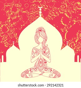 Ornament beautiful card with Vector yoga. Geometric element hand drawn. Perfect  cards for any other kind of design, birthday and other holiday, kaleidoscope,  medallion, yoga, india, arabic