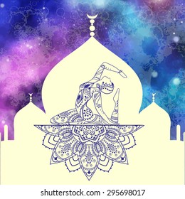 Ornament beautiful card with Vector yoga. Geometric element hand drawn. Perfect  cards for any other kind of design, birthday and other holiday, kaleidoscope,  medallion, yoga, india, arabic