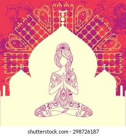 Ornament beautiful card with Vector yoga. Geometric element hand drawn. Perfect  cards for any other kind of design, birthday and other holiday, kaleidoscope,  medallion, yoga, india, arabic