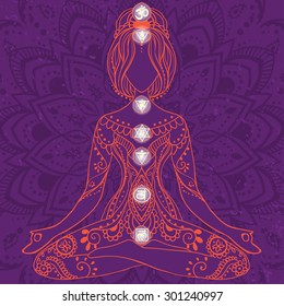 Ornament beautiful card with Vector yoga. Geometric element hand drawn. Perfect  cards for any other kind of design, birthday and other holiday, kaleidoscope,  medallion, yoga, india, arabic