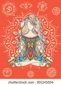 Ornament beautiful card with Vector yoga. Geometric element hand drawn. Medallion girl, yoga, india, arabic
