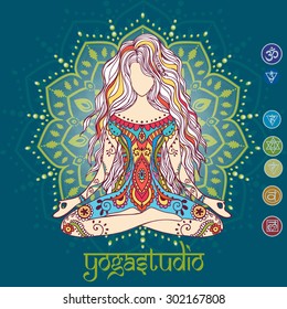 Ornament beautiful card with Vector yoga. Geometric element hand drawn. Perfect  cards for any other kind of design, birthday and other holiday, kaleidoscope,  medallion, yoga, india, arabic