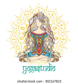 Ornament beautiful card with Vector yoga. Geometric element hand drawn. Perfect  cards for any other kind of design, birthday and other holiday, kaleidoscope,  medallion, yoga, india, arabic
