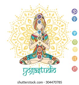 Ornament beautiful card with Vector yoga. Geometric element hand drawn. Perfect cards for any other kind of design, birthday and other holiday, kaleidoscope, medallion, yoga, india, arabic