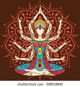 Ornament beautiful card with Vector yoga. Geometric element hand drawn. Perfect  cards for any other kind of design, birthday and other holiday, kaleidoscope,  medallion, yoga, india, arabic