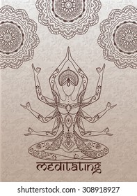 Ornament beautiful card with Vector yoga. Geometric element hand drawn. Perfect  cards for any other kind of design, birthday and other holiday, kaleidoscope,  medallion, yoga, india, arabic