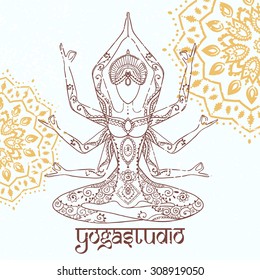 Ornament beautiful card with Vector yoga. Geometric element hand drawn. Perfect  cards for any other kind of design, birthday and other holiday, kaleidoscope,  medallion, yoga, india, arabic