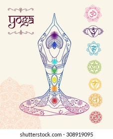 Ornament beautiful card with Vector yoga. Geometric element hand drawn. Perfect  cards for any other kind of design, birthday and other holiday, kaleidoscope,  medallion, yoga, india, arabic