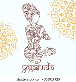 Ornament beautiful card with Vector yoga. Geometric element hand drawn. Perfect  cards for any other kind of design, birthday and other holiday, kaleidoscope,  medallion, yoga, india, arabic