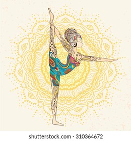 Ornament beautiful card with Vector yoga. Geometric element hand drawn. Perfect  cards for any other kind of design, birthday and other holiday, kaleidoscope,  medallion, yoga, india, arabic