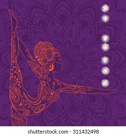 Ornament beautiful card with Vector yoga. Geometric element hand drawn. Perfect  cards for any other kind of design, birthday and other holiday, kaleidoscope,  medallion, yoga, india, arabic