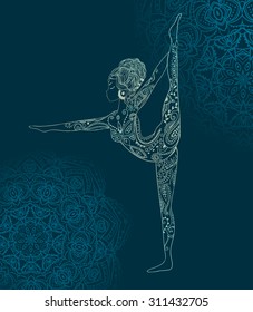 Ornament beautiful card with Vector yoga. Geometric element hand drawn. Perfect  cards for any other kind of design, birthday and other holiday, kaleidoscope,  medallion, yoga, india, arabic