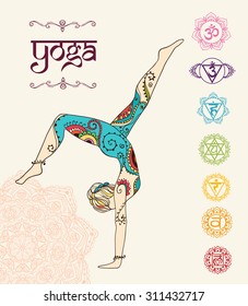 Ornament beautiful card with Vector yoga. Geometric element hand drawn. Perfect  cards for any other kind of design, birthday and other holiday, kaleidoscope,  medallion, yoga, india, arabic