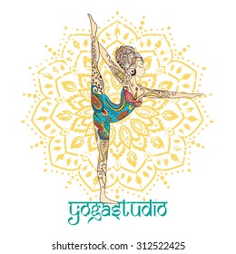 Ornament beautiful card with Vector yoga. Geometric element hand drawn. Perfect  cards for any other kind of design, birthday and other holiday, kaleidoscope,  medallion, yoga, india, arabic