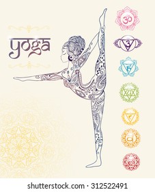 Ornament beautiful card with Vector yoga. Geometric element hand drawn. Perfect  cards for any other kind of design, birthday and other holiday, kaleidoscope,  medallion, yoga, india, arabic