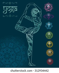 Ornament beautiful card with Vector yoga. Geometric element hand drawn. Perfect  cards for any other kind of design, birthday and other holiday, kaleidoscope,  medallion, yoga, india, arabic
