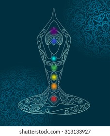 Ornament beautiful card with Vector yoga. Geometric element hand drawn. Perfect  cards for any other kind of design, birthday and other holiday, kaleidoscope,  medallion, yoga, india, arabic