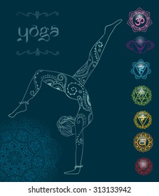 Ornament beautiful card with Vector yoga. Geometric element hand drawn. Perfect  cards for any other kind of design, birthday and other holiday, kaleidoscope,  medallion, yoga, india, arabic