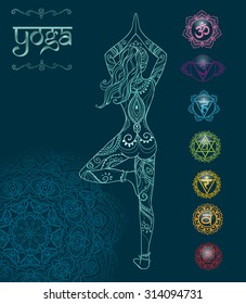 Ornament beautiful card with Vector yoga. Geometric element hand drawn. Perfect  cards for any other kind of design, birthday and other holiday, kaleidoscope,  medallion, yoga, india, arabic
