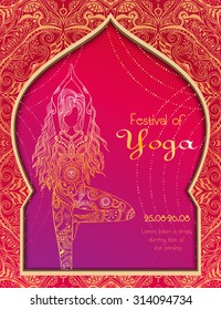 Ornament beautiful card with Vector yoga. Geometric element hand drawn. Perfect  cards for any other kind of design, birthday and other holiday, kaleidoscope,  medallion, yoga, india, arabic