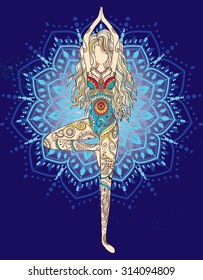 Ornament beautiful card with Vector yoga. Geometric element hand drawn. Perfect  cards for any other kind of design, birthday and other holiday, kaleidoscope,  medallion, yoga, india, arabic
