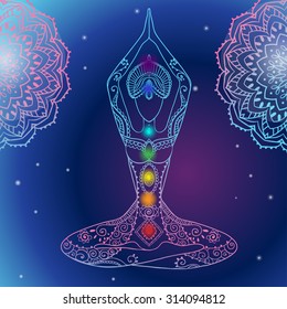 Ornament beautiful card with Vector yoga. Geometric element hand drawn. Perfect  cards for any other kind of design, birthday and other holiday, kaleidoscope,  medallion, yoga, india, arabic