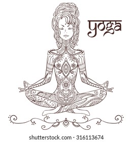 Ornament beautiful card with Vector yoga. Geometric element hand drawn. Perfect  cards for any other kind of design, birthday and other holiday, kaleidoscope,  medallion, yoga, india, arabic