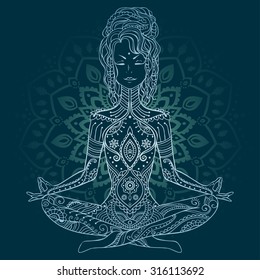 Ornament beautiful card with Vector yoga. Geometric element hand drawn. Perfect  cards for any other kind of design, birthday and other holiday, kaleidoscope,  medallion, yoga, india, arabic