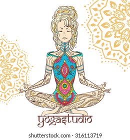 Ornament beautiful card with Vector yoga. Geometric element hand drawn. Perfect  cards for any other kind of design, birthday and other holiday, kaleidoscope,  medallion, yoga, india, arabic