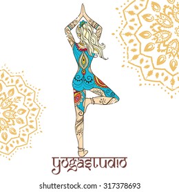 Ornament beautiful card with Vector yoga. Geometric element hand drawn. Perfect  cards for any other kind of design, birthday and other holiday, kaleidoscope,  medallion, yoga, india, arabic