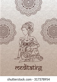 Ornament beautiful card with Vector yoga. Geometric element hand drawn. Perfect  cards for any other kind of design, birthday and other holiday, kaleidoscope,  medallion, yoga, india, arabic