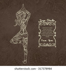 Ornament beautiful card with Vector yoga. Geometric element hand drawn. Perfect  cards for any other kind of design, birthday and other holiday, kaleidoscope,  medallion, yoga, india, arabic