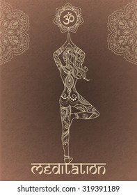 Ornament beautiful card with Vector yoga. Geometric element hand drawn. Perfect  cards for any other kind of design, birthday and other holiday, kaleidoscope,  medallion, yoga, india, arabic