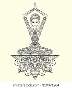 Ornament beautiful card with Vector yoga. Geometric element hand drawn. Perfect  cards for any other kind of design, birthday and other holiday, kaleidoscope,  medallion, yoga, india, arabic