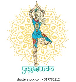 Ornament beautiful card with Vector yoga. Geometric element hand drawn. Perfect  cards for any other kind of design, birthday and other holiday, kaleidoscope,  medallion, yoga, india, arabic