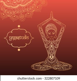 Ornament beautiful card with Vector yoga. Geometric element hand drawn. Perfect  cards for any other kind of design, birthday and other holiday, kaleidoscope,  medallion, yoga, india, arabic