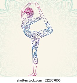 Ornament beautiful card with Vector yoga. Geometric element hand drawn. Perfect  cards for any other kind of design, birthday and other holiday, kaleidoscope,  medallion, yoga, India, Arabic