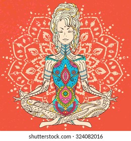 Ornament beautiful card with Vector yoga. Geometric element hand drawn. Perfect  cards for any other kind of design, birthday and other holiday, kaleidoscope,  medallion, yoga, india, arabic