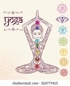 Ornament beautiful card with Vector yoga. Geometric element hand drawn. Perfect  cards for any other kind of design, birthday and other holiday, kaleidoscope,  medallion, yoga, india, arabic