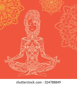 Ornament beautiful card with Vector yoga. Geometric element hand drawn. Perfect  cards for any other kind of design, birthday and other holiday, kaleidoscope,  medallion, yoga, india, arabic