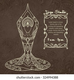 Ornament beautiful card with Vector yoga. Geometric element hand drawn. Perfect  cards for any other kind of design, birthday and other holiday, kaleidoscope,  medallion, yoga, india, arabic