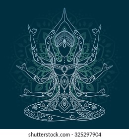 Ornament beautiful card with Vector yoga. Geometric element hand drawn. Perfect  cards for any other kind of design, birthday and other holiday, kaleidoscope,  medallion, yoga, india, arabic