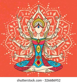 Ornament beautiful card with Vector yoga. Geometric element hand drawn. Perfect  cards for any other kind of design, birthday and other holiday, kaleidoscope,  medallion, yoga, india, arabic