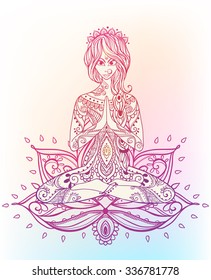Ornament beautiful card with Vector yoga. Geometric element hand drawn. Perfect  cards for any other kind of design, birthday and other holiday, kaleidoscope,  medallion, yoga, india, arabic