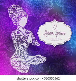 Ornament beautiful card with Vector yoga. Geometric element hand drawn. Balance karma. Kaleidoscope,  medallion, yoga, india, arabic