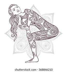 Ornament beautiful card with Vector yoga. Geometric element hand drawn. Balance karma. Design element for a yoga class or for a web site. Medallion, yoga, india, arabic,  harmony